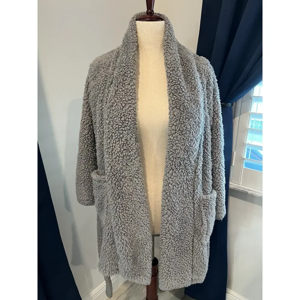 NATORIE Josie Plush Thigh Length Robe-Small-Pockets-Tie Closure-Gray-Soft-Lounge